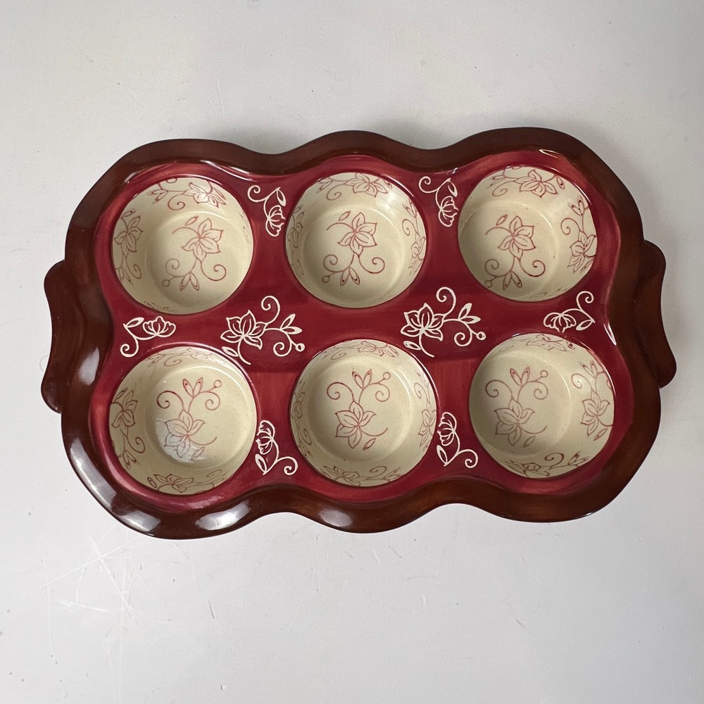 Temp-tations Muffin Pan 6 Cup Cranberry Red Floral Lace Ceramic Stoneware Baker